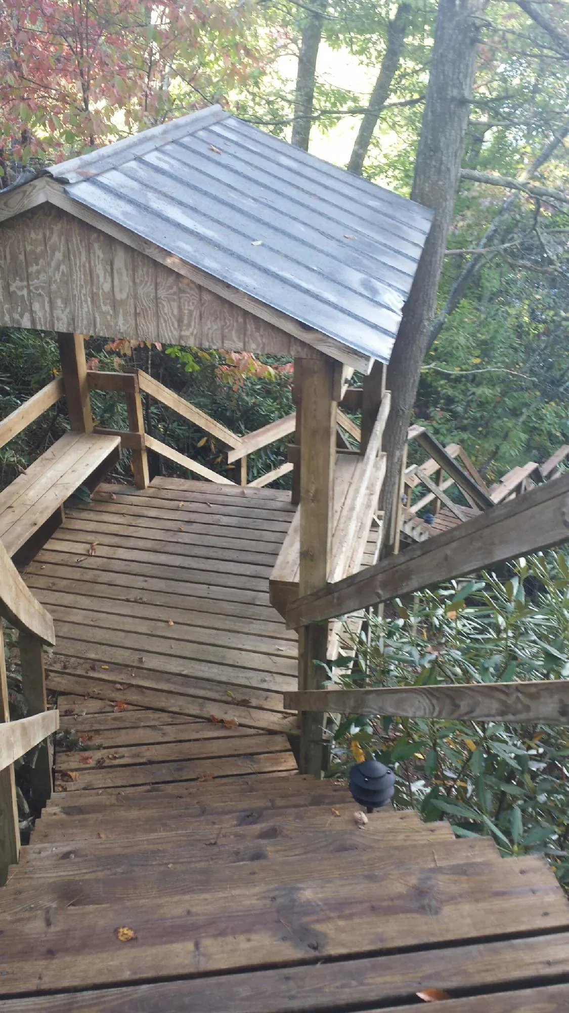 Metal roofed shelter over wooden steps on a wooded walkway — Skylight Repair & Installation work by our crew in Round Mountain